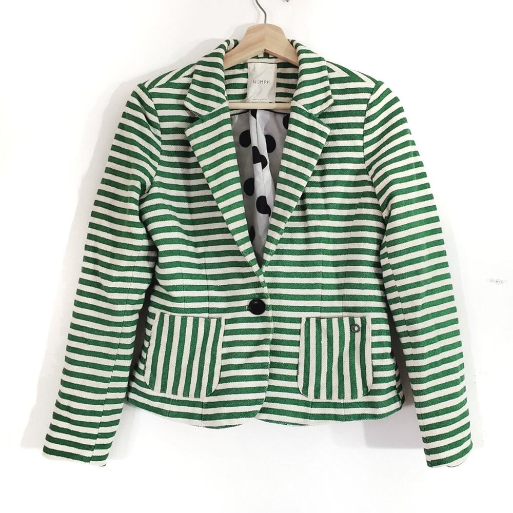 Numph Striped Single Button Blazer with Polka-dot Lining